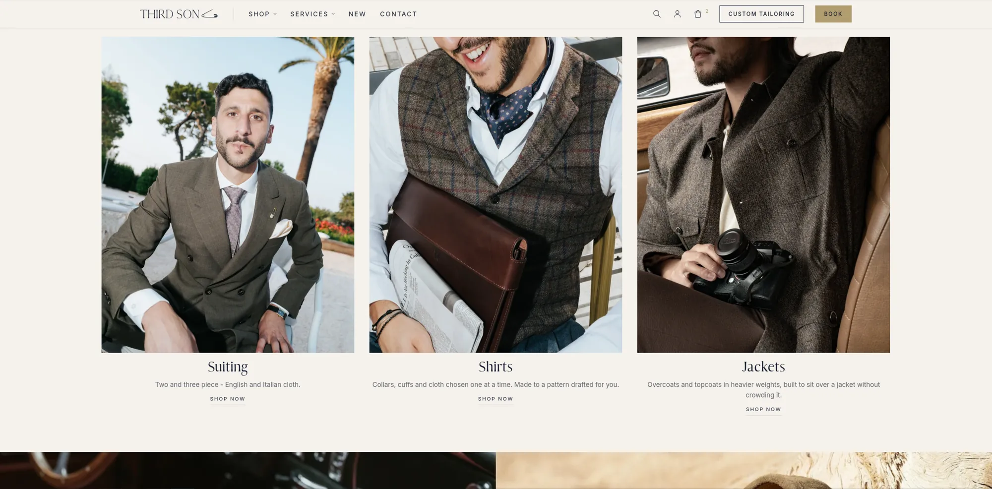 Third Son collections section showing suiting, shirts and jackets.