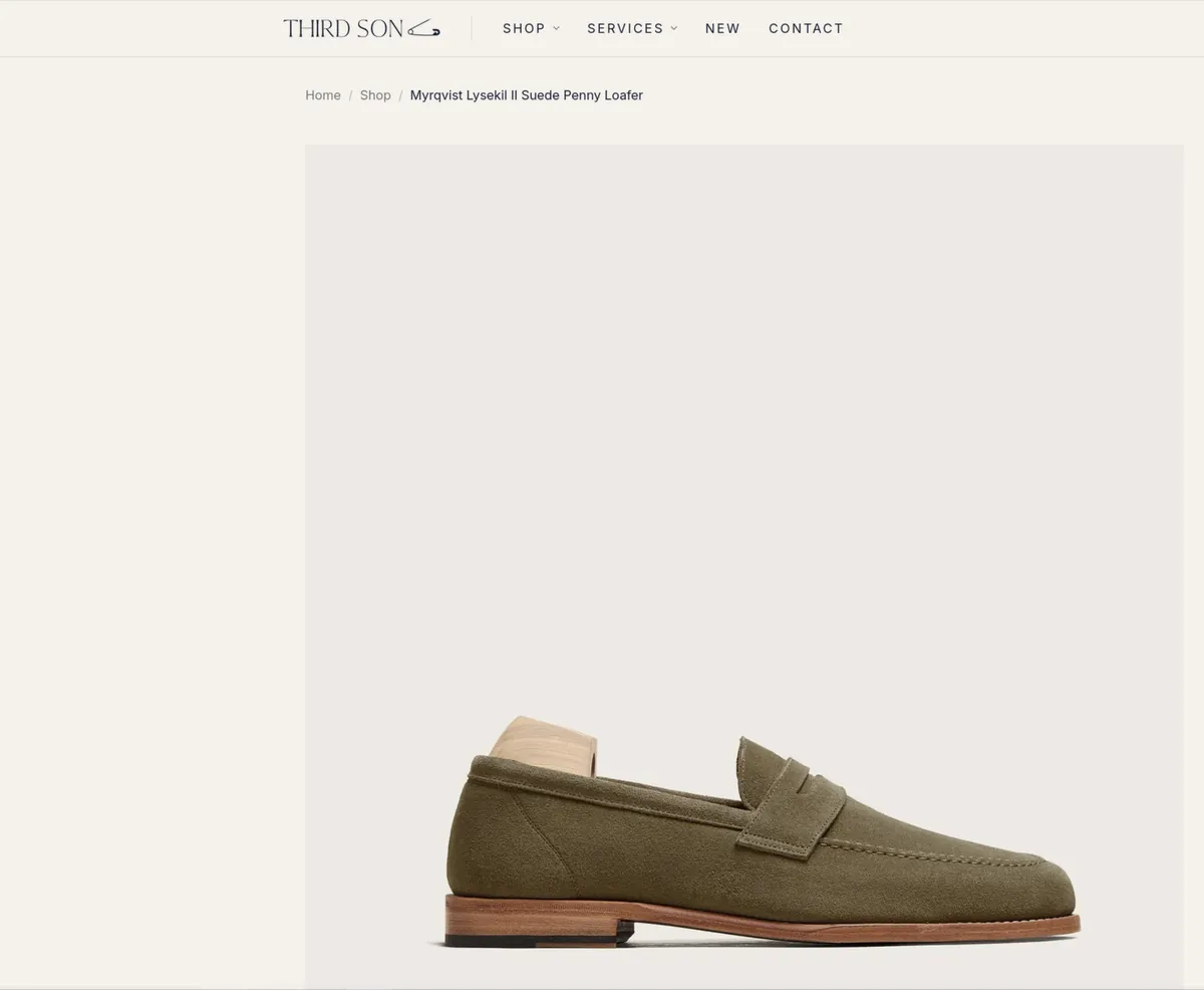 Third Son product page: a suede penny loafer on a neutral background.