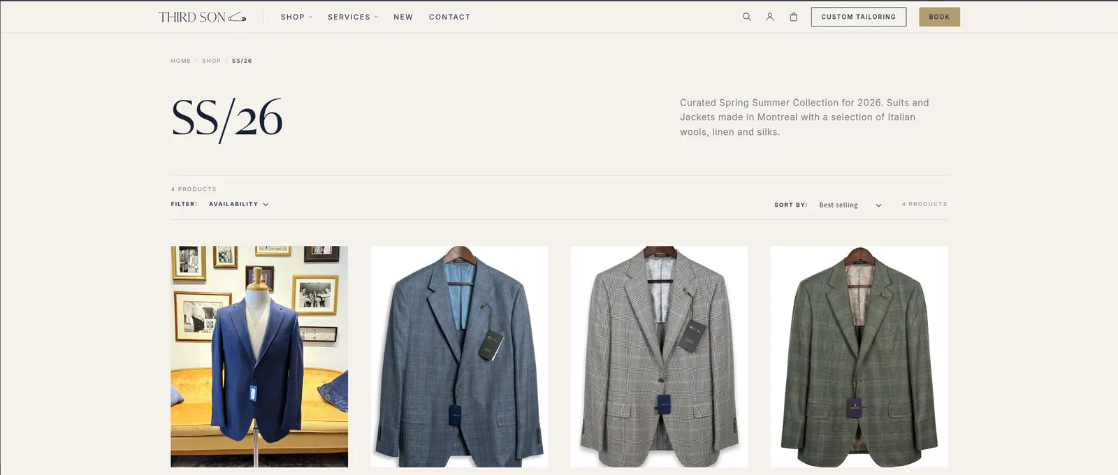 Third Son SS/26 collection page showing four sport jackets and suits.