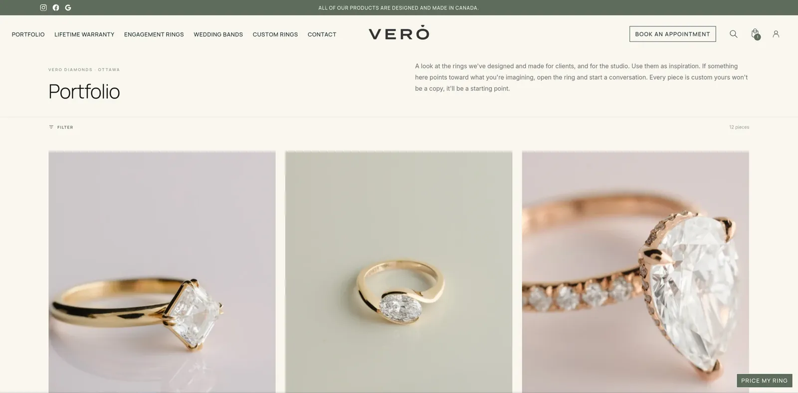 Vero portfolio page with a grid of custom rings.
